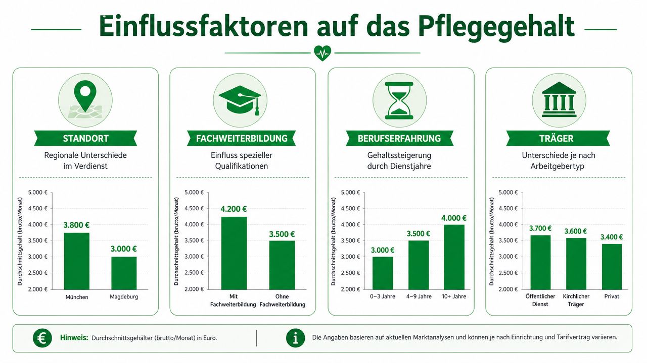 Infografik über die verschiedenen Faktoren, die das monatliche Bruttogehalt einer examinierten Krankenschwester beeinflussen.