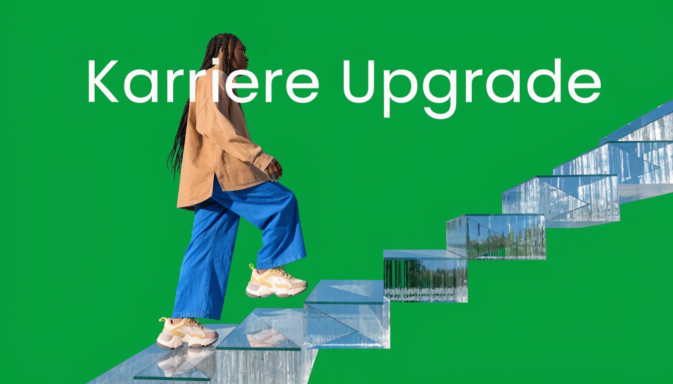 Eine Frau in moderner Kleidung steigt eine Treppe aus transparenten Glasstufen hinauf, versinnbildlicht ein berufliches Karriereschritt-Upgrade.
