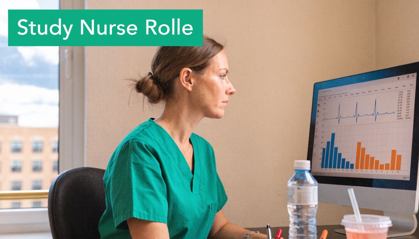 Eine Krankenschwester in grüner Arbeitskleidung sitzt am Computer und analysiert medizinische Daten in einer klinischen Umgebung.
