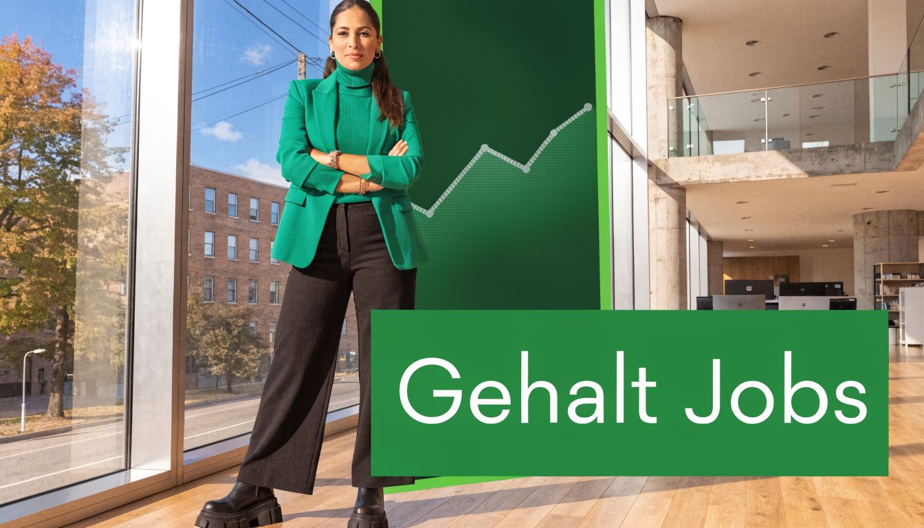 Eine professionelle Frau in einem grünen Blazer steht vor einem großen Fenster in einem modernen Bürogebäude.