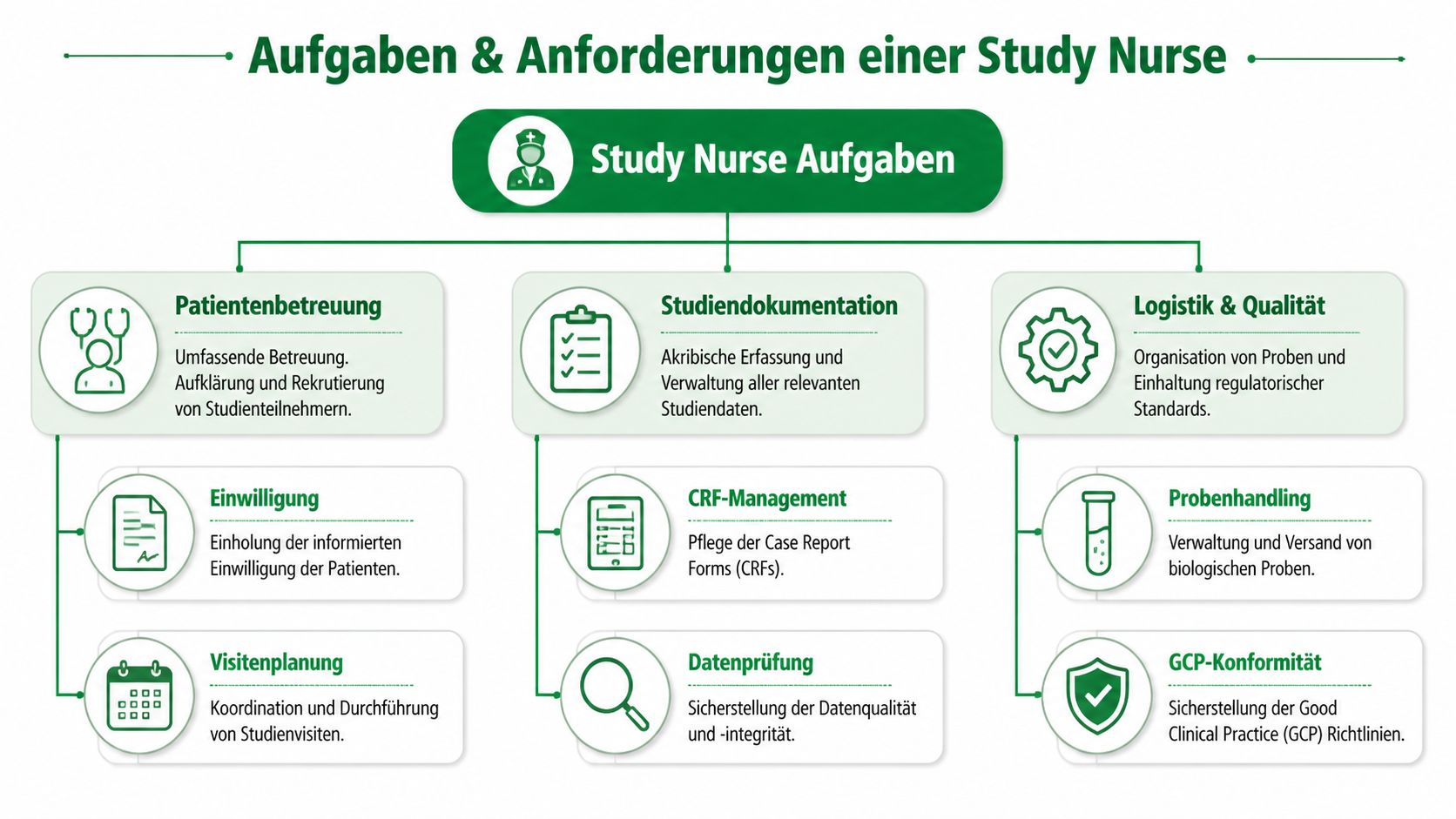 Übersichtsgrafik der Aufgaben und Anforderungen einer Study Nurse im Bereich der medizinischen Studiendokumentation und Patientenbetreuung.