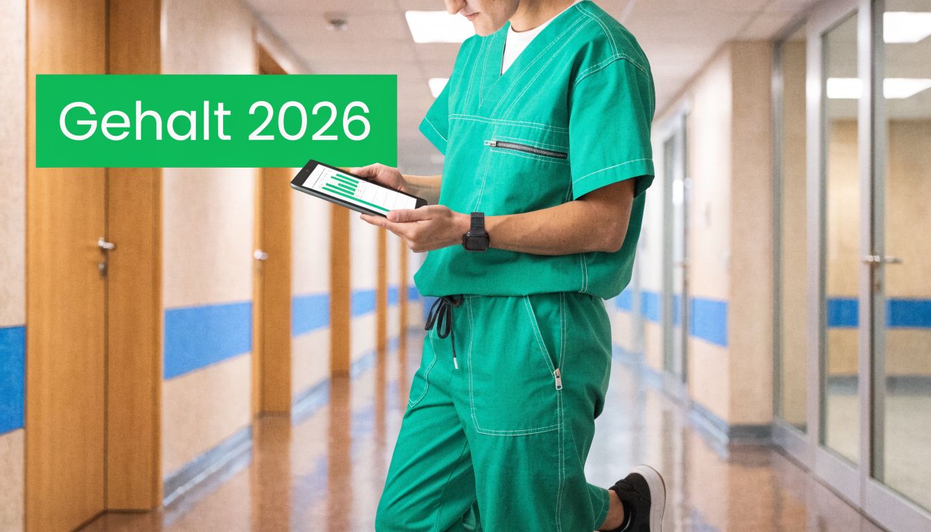 Ein OP-Assistent in grüner Arbeitskleidung steht in einem Krankenhausflur und betrachtet eine grafische Auswertung auf einem Tablet.