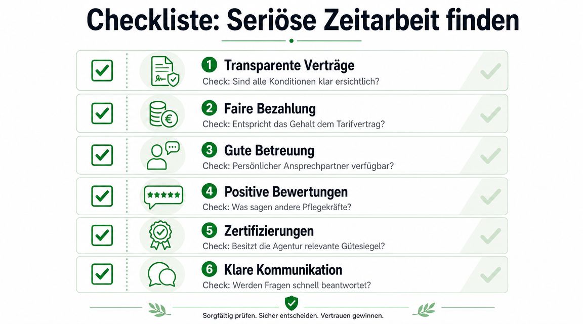 Eine Checkliste in Deutsch mit sechs wichtigen Kriterien für die Suche nach einer seriösen Zeitarbeitsfirma in der Pflege.