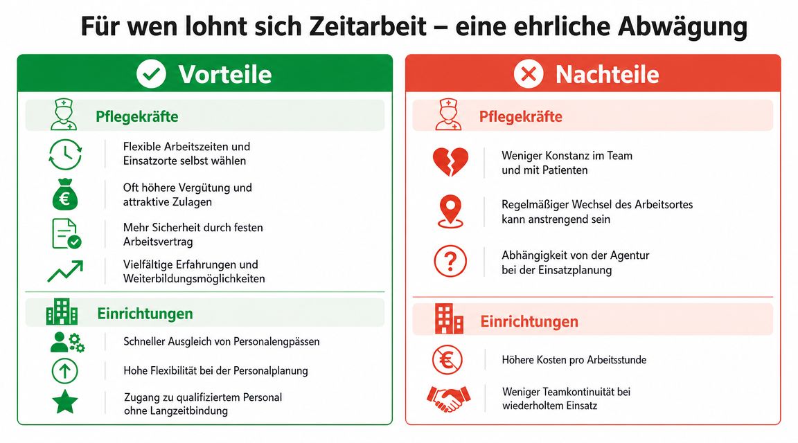 Eine Übersicht der Vor- und Nachteile von Zeitarbeit in der Pflege für Pflegekräfte und medizinische Einrichtungen.