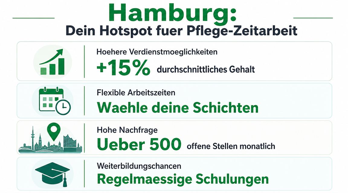 Infografik zeigt Vorteile der Pflege-Zeitarbeit in Hamburg, wie höheres Gehalt, flexible Arbeitszeiten und viele freie Stellen.