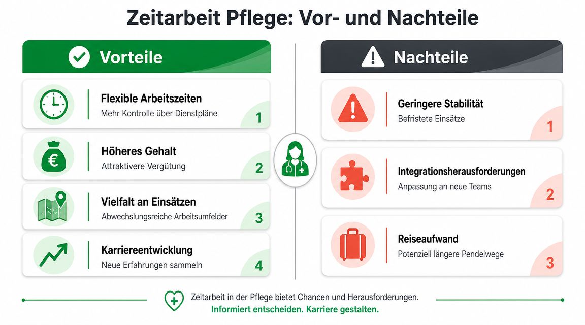Eine Infografik mit den Vor- und Nachteilen der Zeitarbeit in der Pflege zur besseren beruflichen Orientierung.