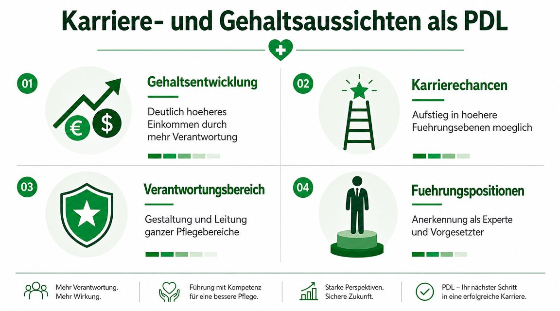 Infografik zur Karriere- und Gehaltsentwicklung als Pflegebereichsleitung mit Symbolen für Aufstiegschancen und Verantwortungsbereiche im Gesundheitswesen.