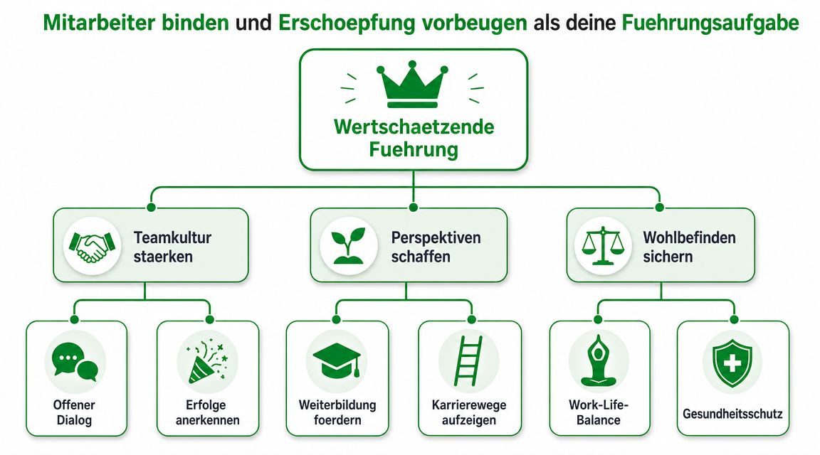 Grafik zur wertschätzenden Führung zur Mitarbeiterbindung und Burnout-Prävention durch Teamentwicklung, Perspektiven und Wohlbefinden.