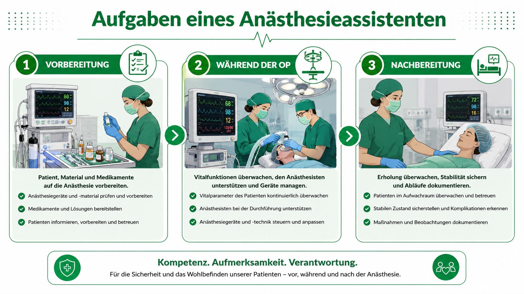 Infografik über die Aufgaben eines Anästhesieassistenten bei der Vorbereitung, Durchführung und Nachbereitung einer Operation.