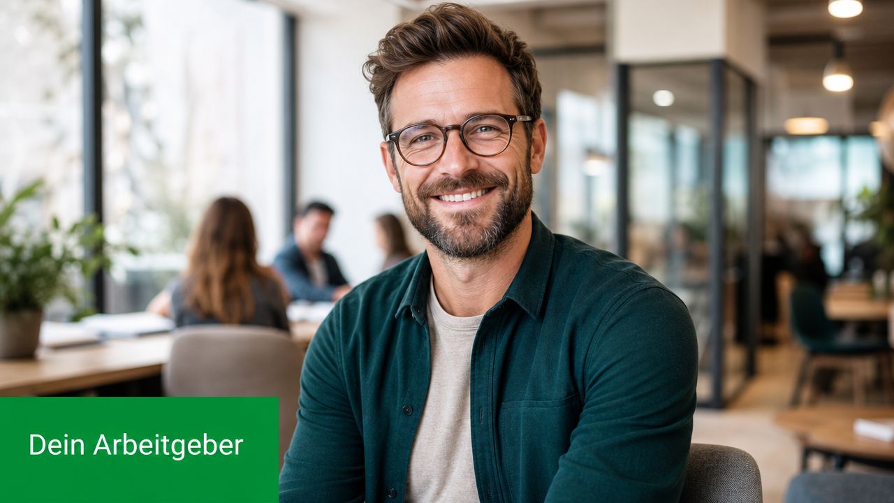 Ein lächelnder, junger Mann mit Brille und Bart in einem modernen Büro als freundlicher Mitarbeiter.