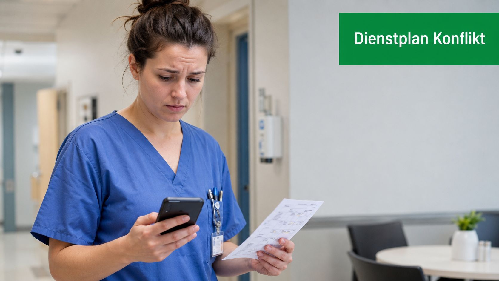 Eine gestresste Krankenschwester schaut besorgt auf ihr Smartphone und einen Dienstplan in einem Krankenhausflur.