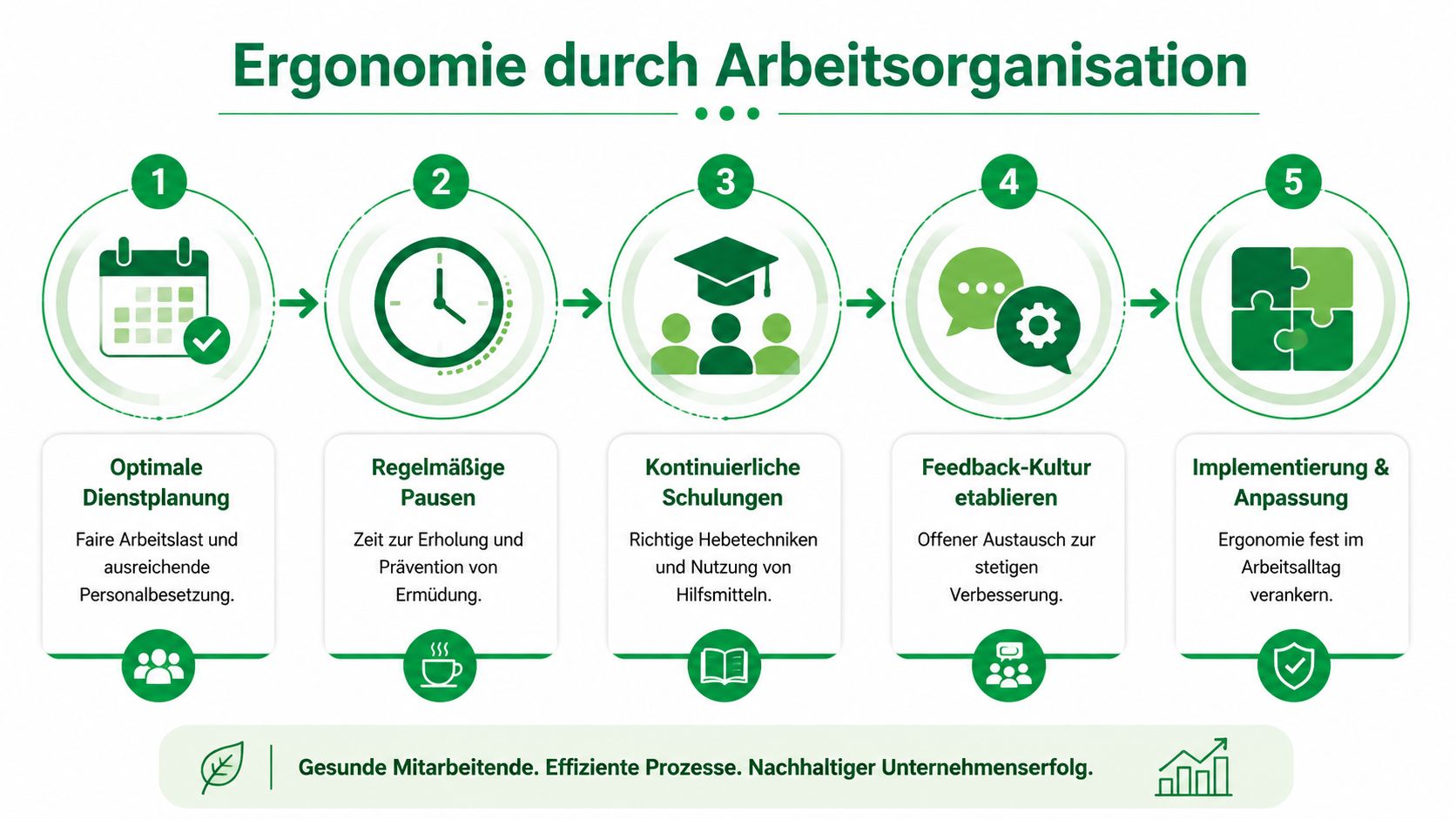 Eine Infografik zur Ergonomie am Arbeitsplatz mit fünf Schritten für eine gesunde und effiziente Arbeitsorganisation im Unternehmen.