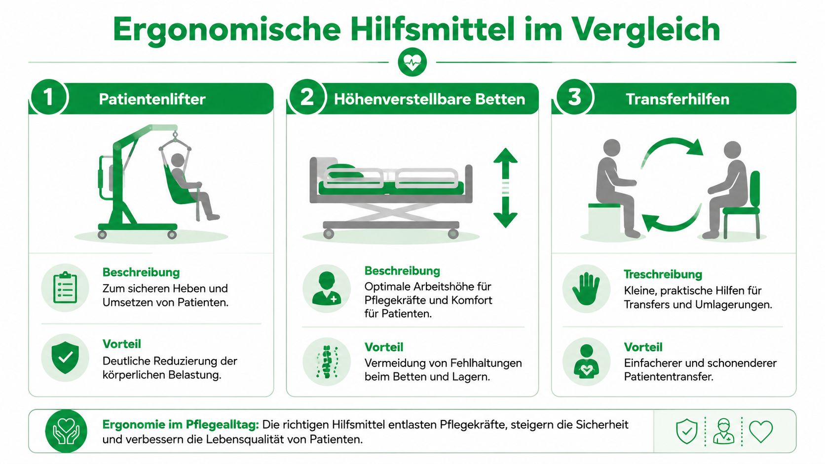 Eine Infografik vergleicht ergonomische Hilfsmittel in der Pflege wie Patientenlifter, höhenverstellbare Betten und Transferhilfen zur Entlastung der Pflegekräfte.