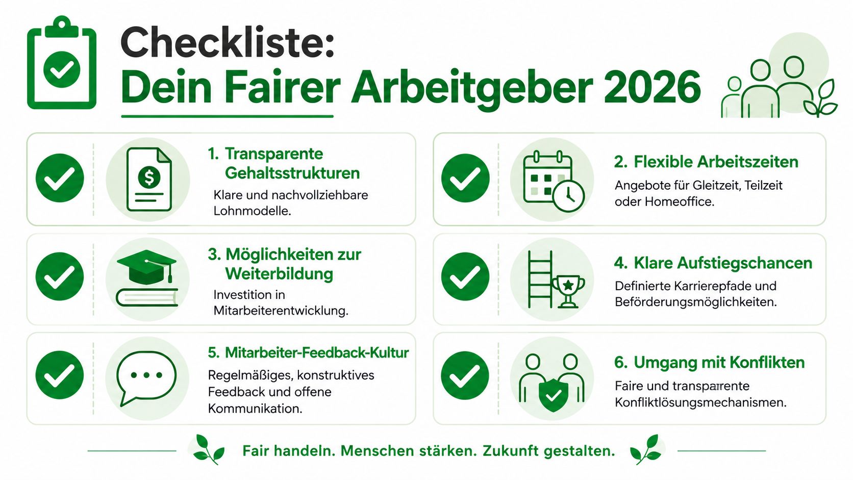 Eine grafische Checkliste für faire Arbeitsbedingungen im Jahr 2026 mit sechs zentralen Kriterien für Arbeitnehmer.
