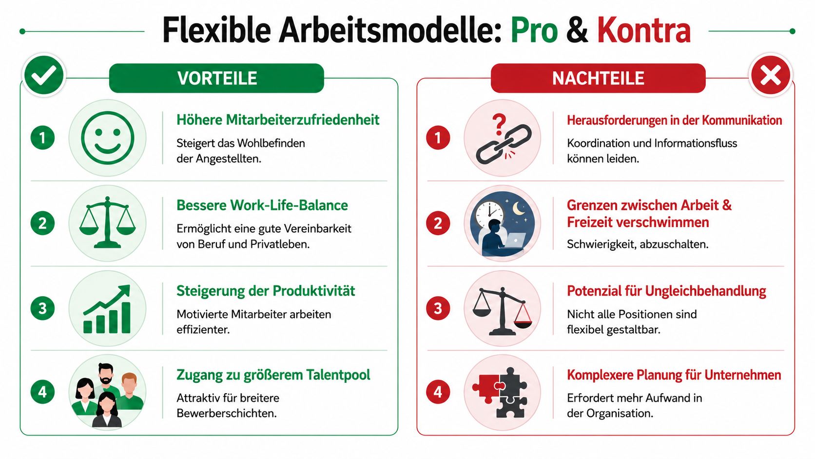 Eine Infografik mit einer Gegenüberstellung von Vor- und Nachteilen flexibler Arbeitsmodelle für Unternehmen und Angestellte.