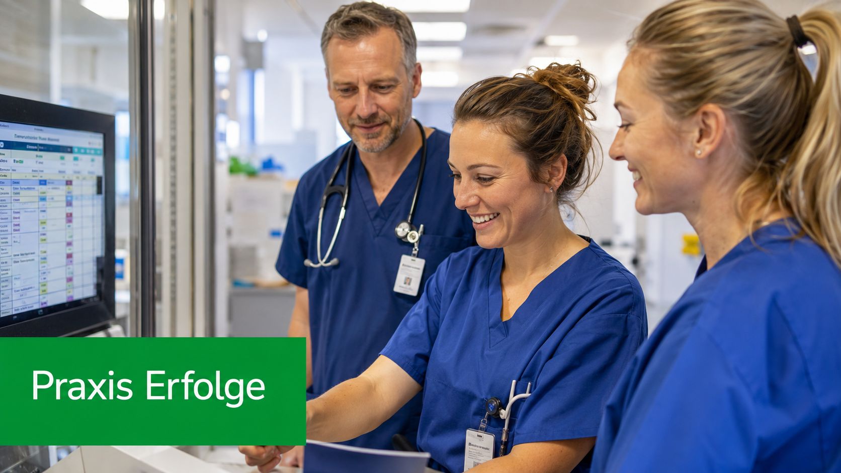 Ein medizinisches Team bespricht gemeinsam Patientendaten an einem Bildschirm in einer modernen Klinik oder Arztpraxis.