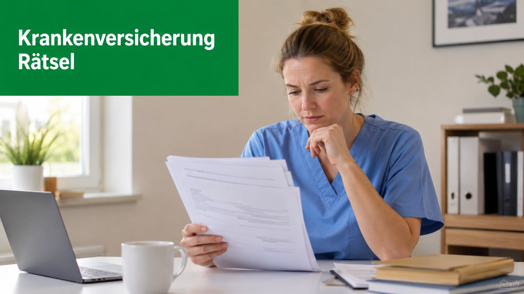 Eine Frau in Arbeitskleidung betrachtet nachdenklich Dokumente an ihrem Schreibtisch im Büro.