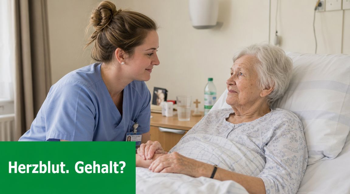 Eine freundliche Pflegekraft hält fürsorglich die Hand einer älteren Patientin, die im Krankenhausbett liegt.