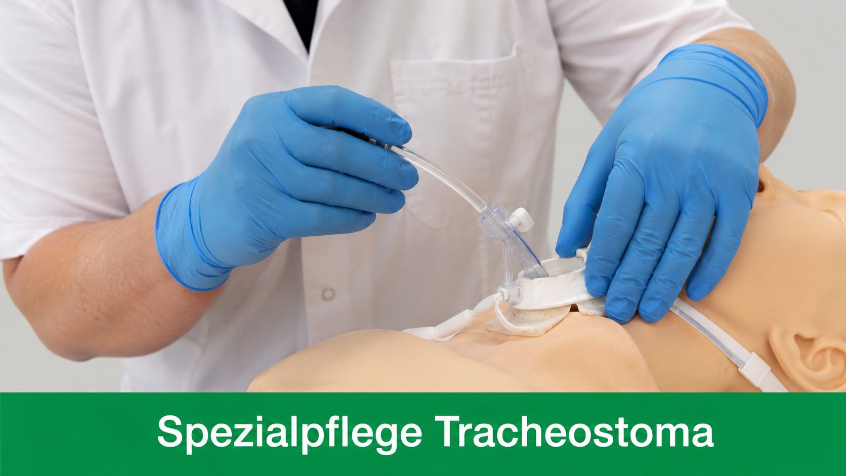 Eine Pflegekraft führt eine professionelle Tracheostomapflege an einer medizinischen Simulationspuppe mit blauen Handschuhen und Absaugkatheter durch.