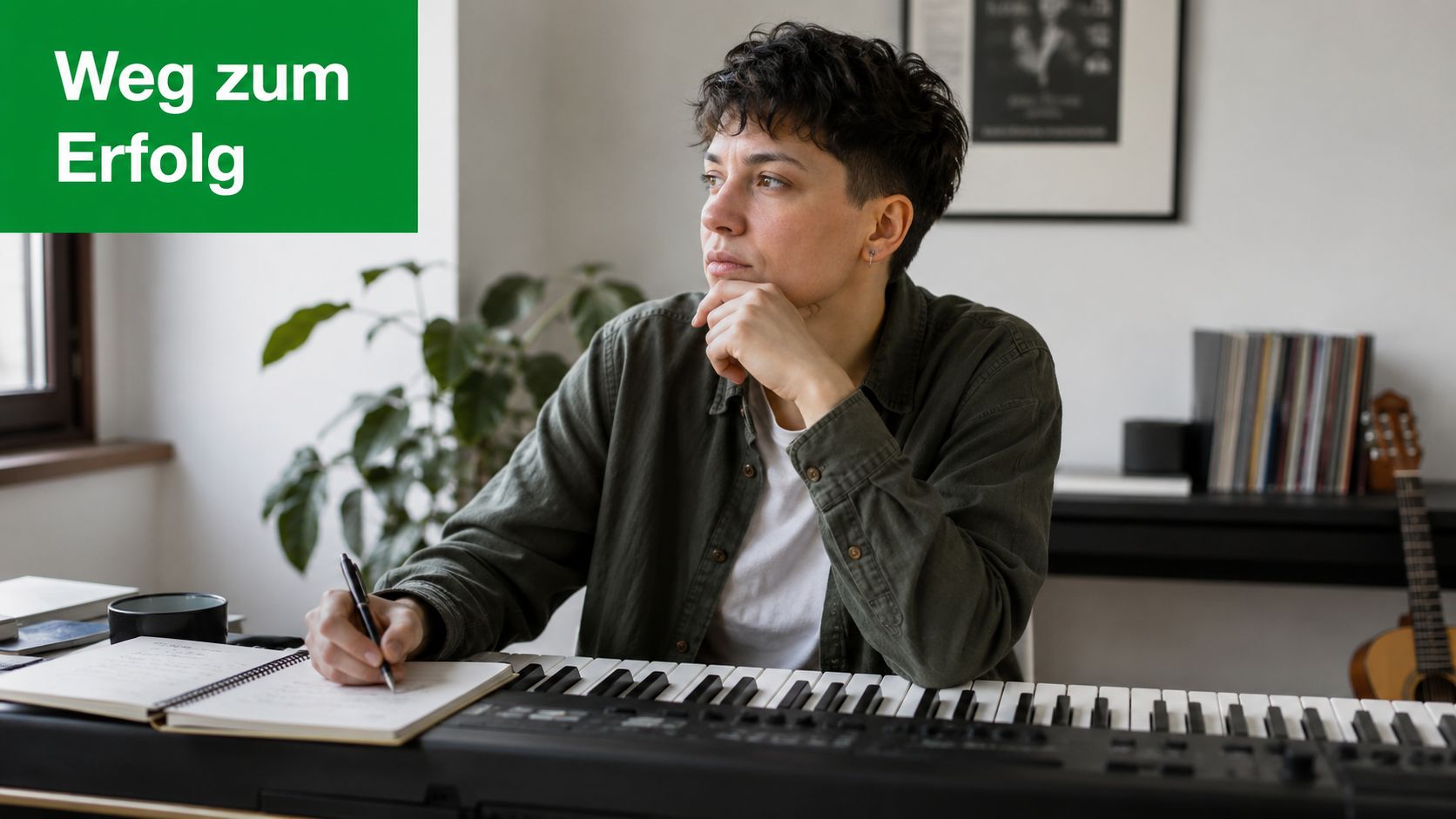 Eine Person sitzt nachdenklich am Keyboard und macht sich Notizen in ein offenes Notizbuch während der Arbeit.