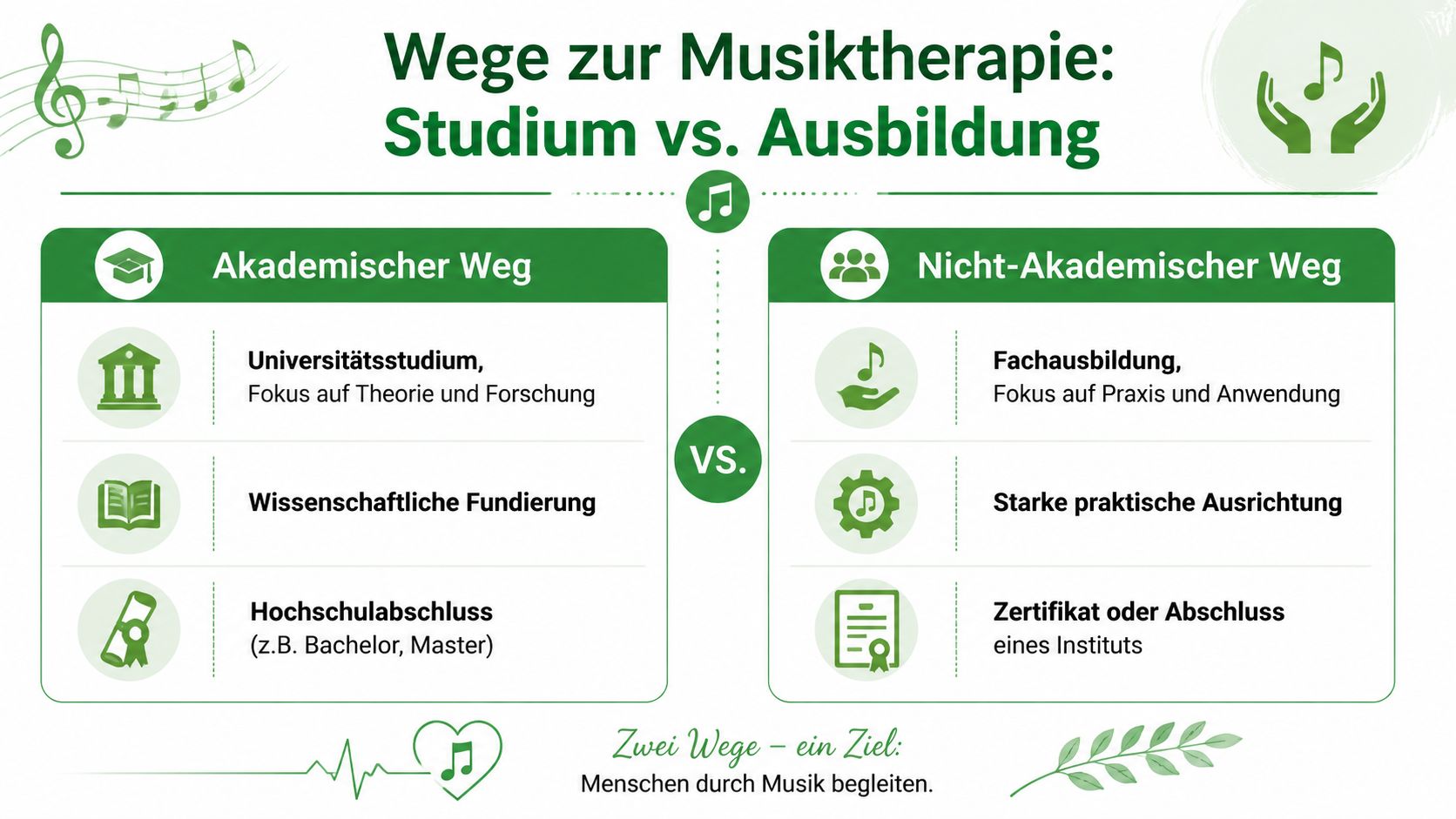 Grafische Gegenüberstellung von akademischem Musiktherapie-Studium und nicht-akademischer Ausbildung, die beide zum Ziel der musiktherapeutischen Begleitung führen.