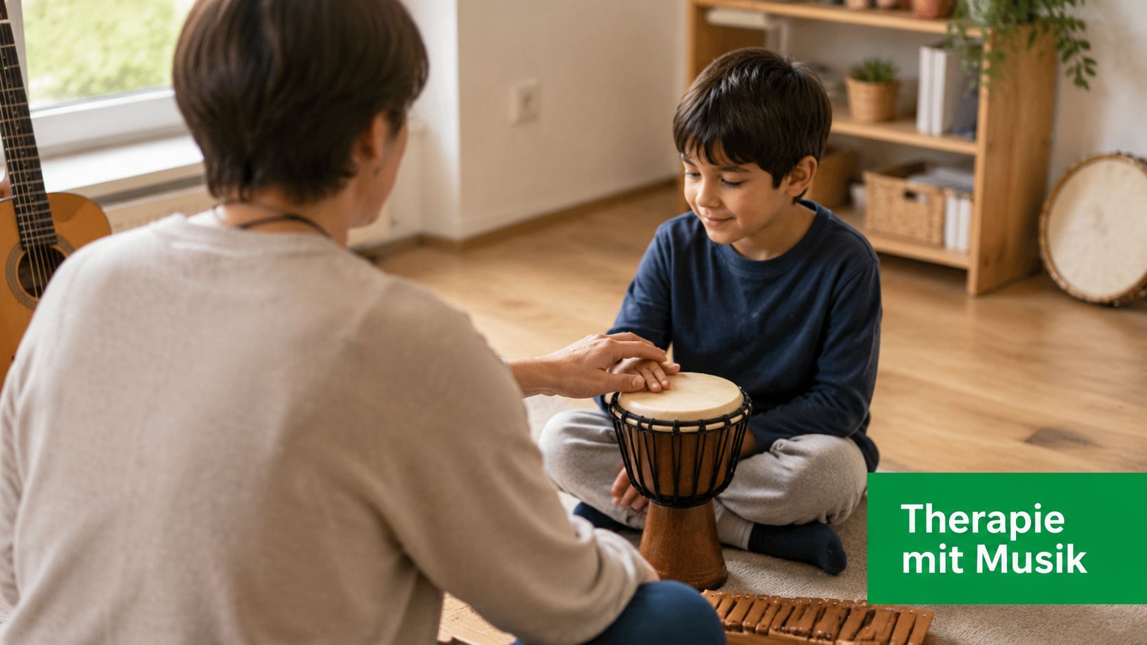 Ein Therapeut leitet ein Kind während einer Musiktherapie-Sitzung an, bei der sie gemeinsam auf einer kleinen Trommel musizieren.
