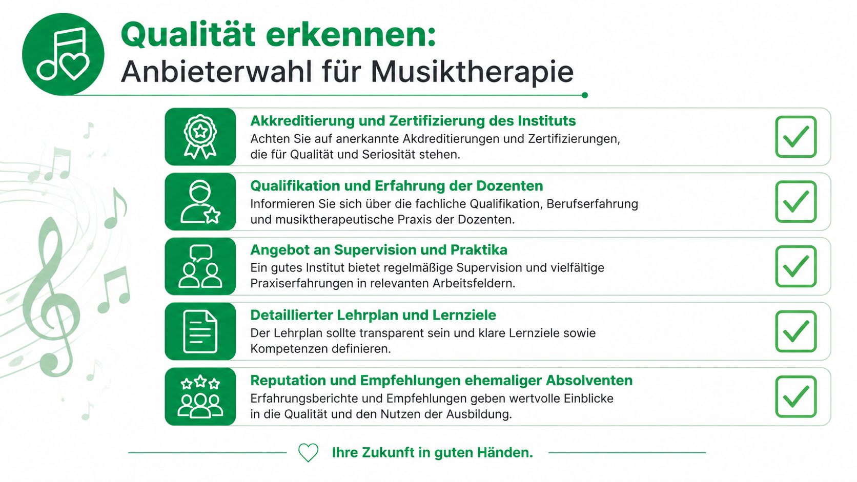 Eine Infografik mit Tipps zur Auswahl eines seriösen Anbieters für eine hochwertige Musiktherapie-Ausbildung oder Weiterbildung.