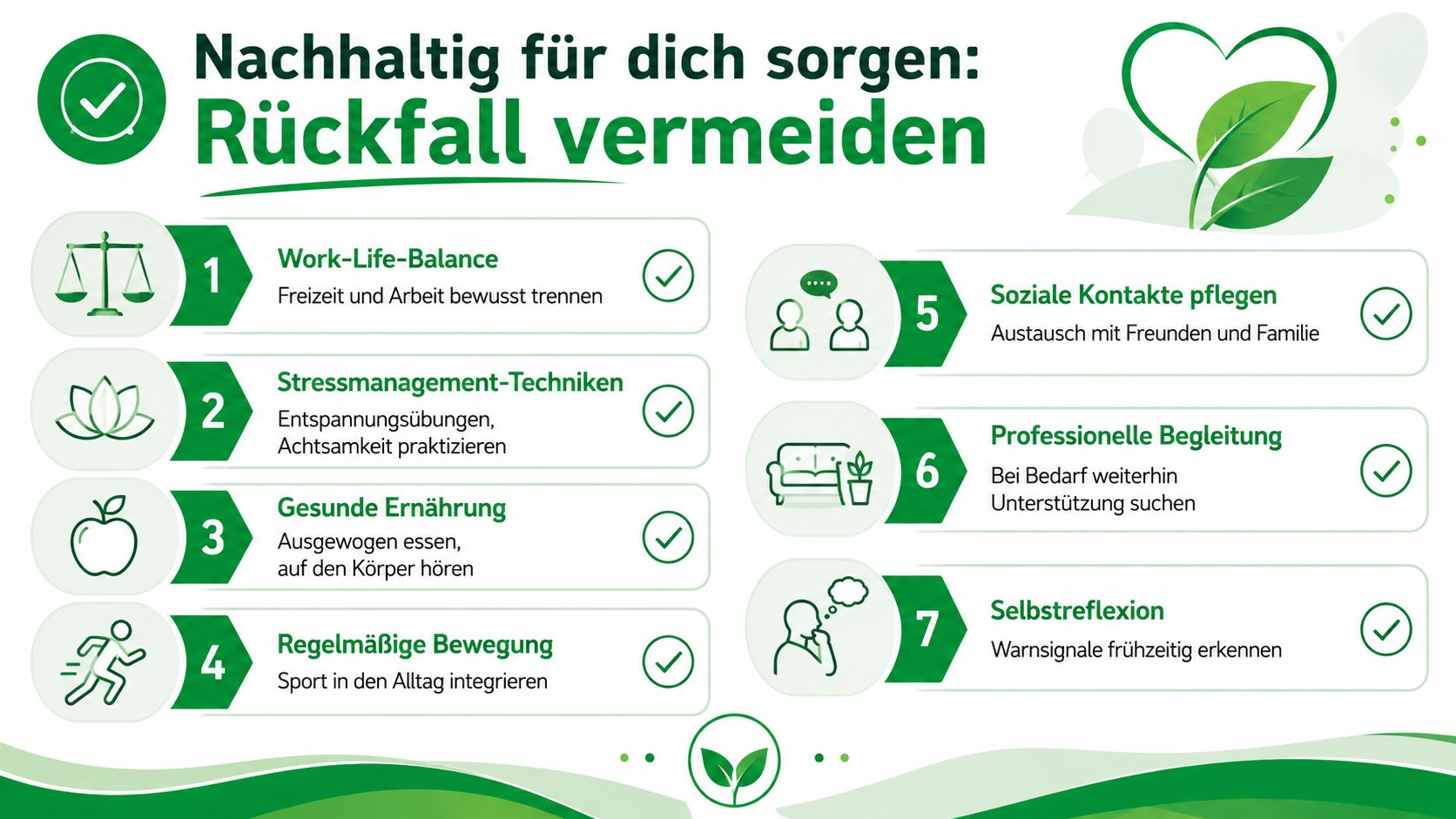 Infografik mit sieben Ratschlägen zur nachhaltigen Vermeidung von Rückfällen nach Burnout oder Belastungssituationen.