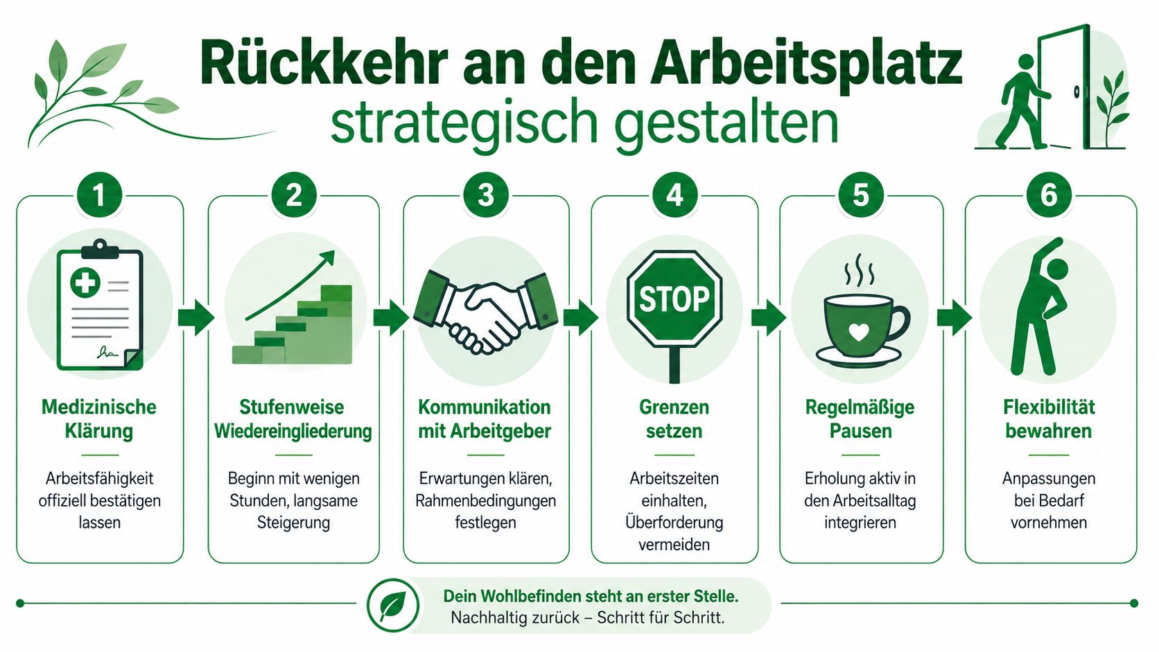 Eine Infografik mit sechs Schritten für eine strategische und gesunde Rückkehr an den Arbeitsplatz nach einer längeren Auszeit.