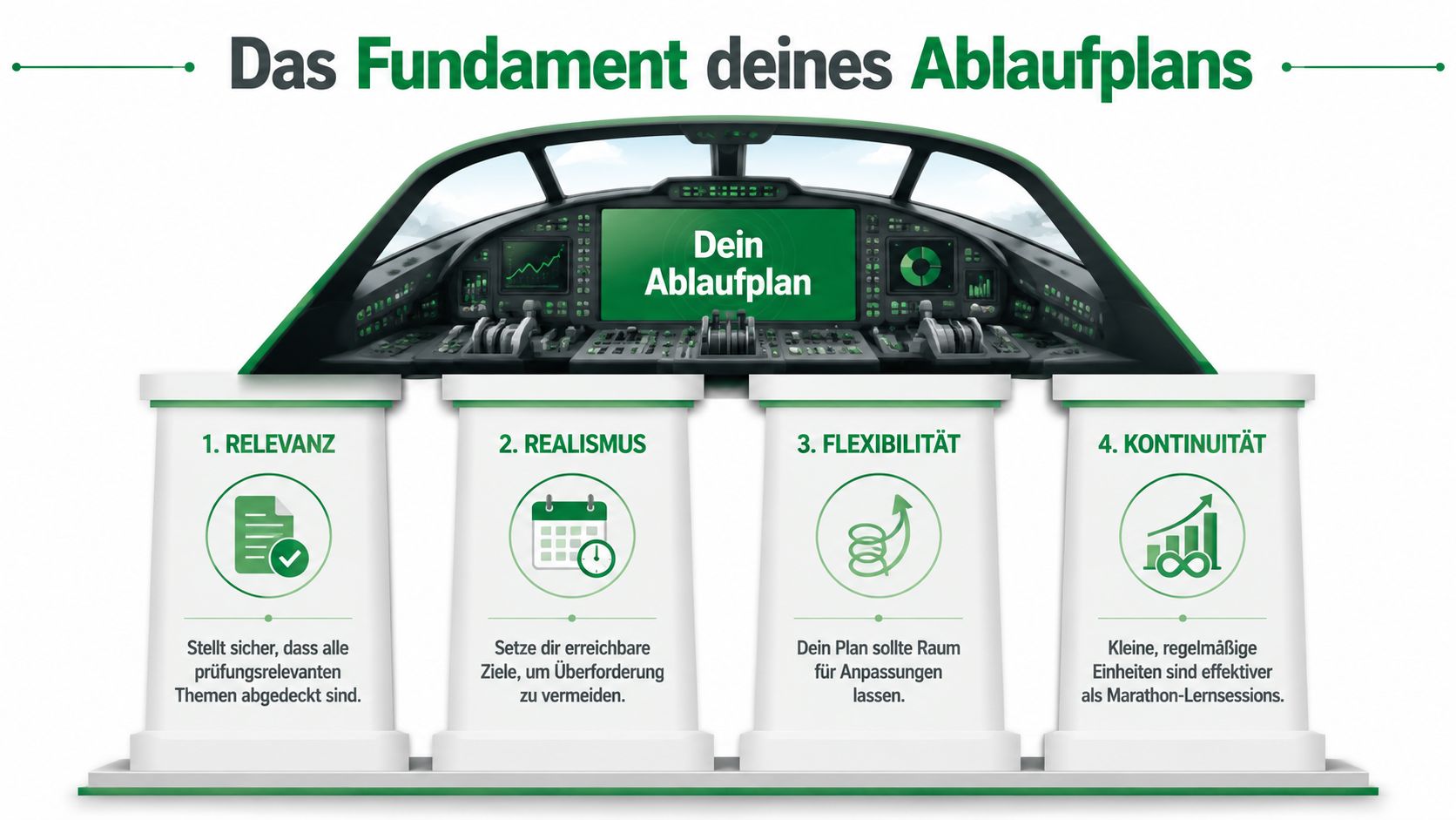 Eine Infografik mit vier Säulen, die das Fundament für einen erfolgreichen und effektiven Lernablaufplan für Prüfungen darstellen.