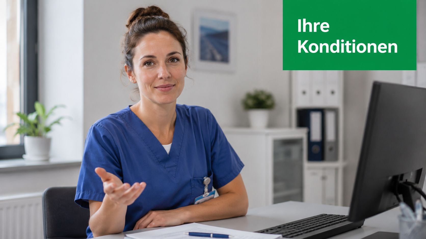 Eine freundliche Pflegefachkraft sitzt an einem Schreibtisch im Büro und führt ein aufschlussreiches Vorstellungsgespräch.