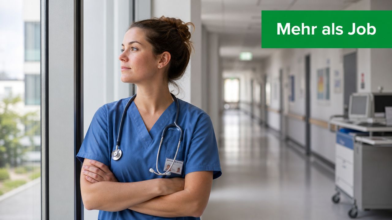 Eine Krankenschwester mit Stethoskop schaut nachdenklich aus einem Fenster in einem hellen Krankenhausflur mit einem Werbeschild.