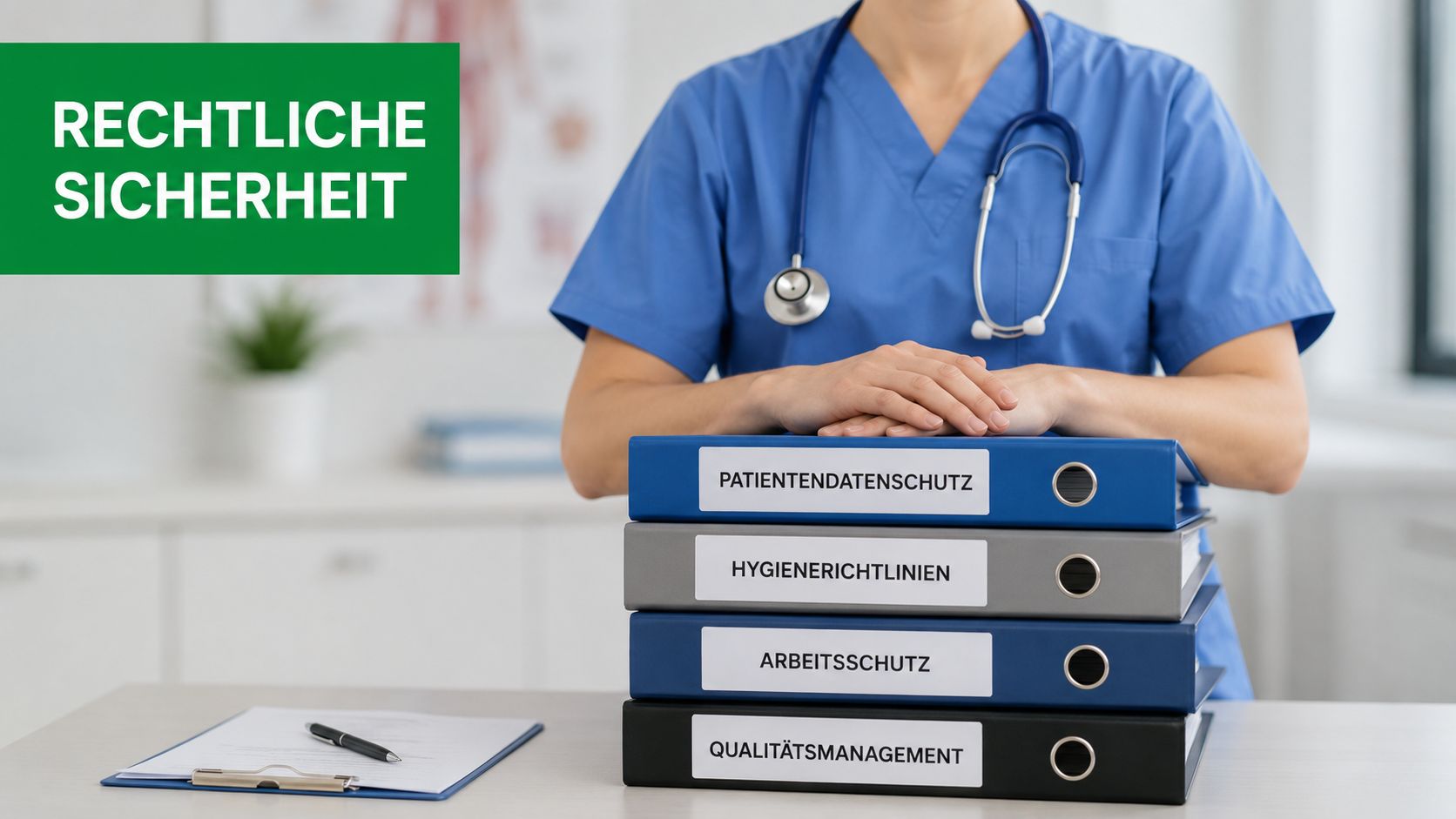 Eine Pflegekraft mit Stethoskop lehnt sich auf einen Stapel Aktenordner mit medizinischen Dokumentationen zur Rechtssicherheit im Gesundheitswesen.