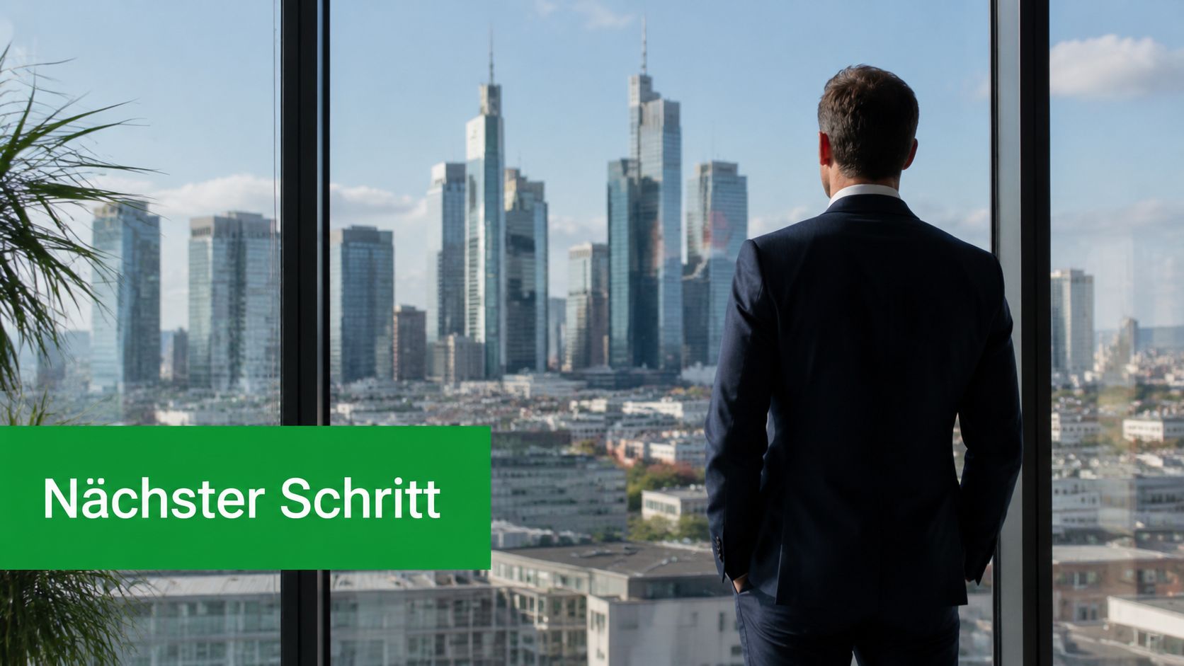 Ein Geschäftsmann blickt aus einem Bürofenster auf die Skyline von Frankfurt bei strahlendem Sonnenschein.