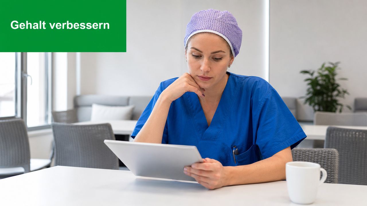 Eine Operationstechnische Assistentin in blauer OP-Kleidung liest konzentriert Informationen auf einem Tablet in einem Pausenraum.