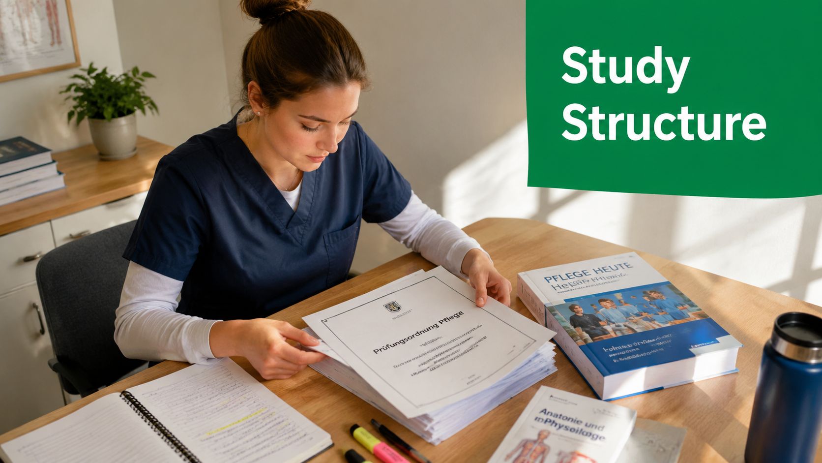 Eine Pflegeschülerin sitzt an einem Schreibtisch und studiert intensiv ihre Prüfungsunterlagen sowie verschiedene Fachbücher.