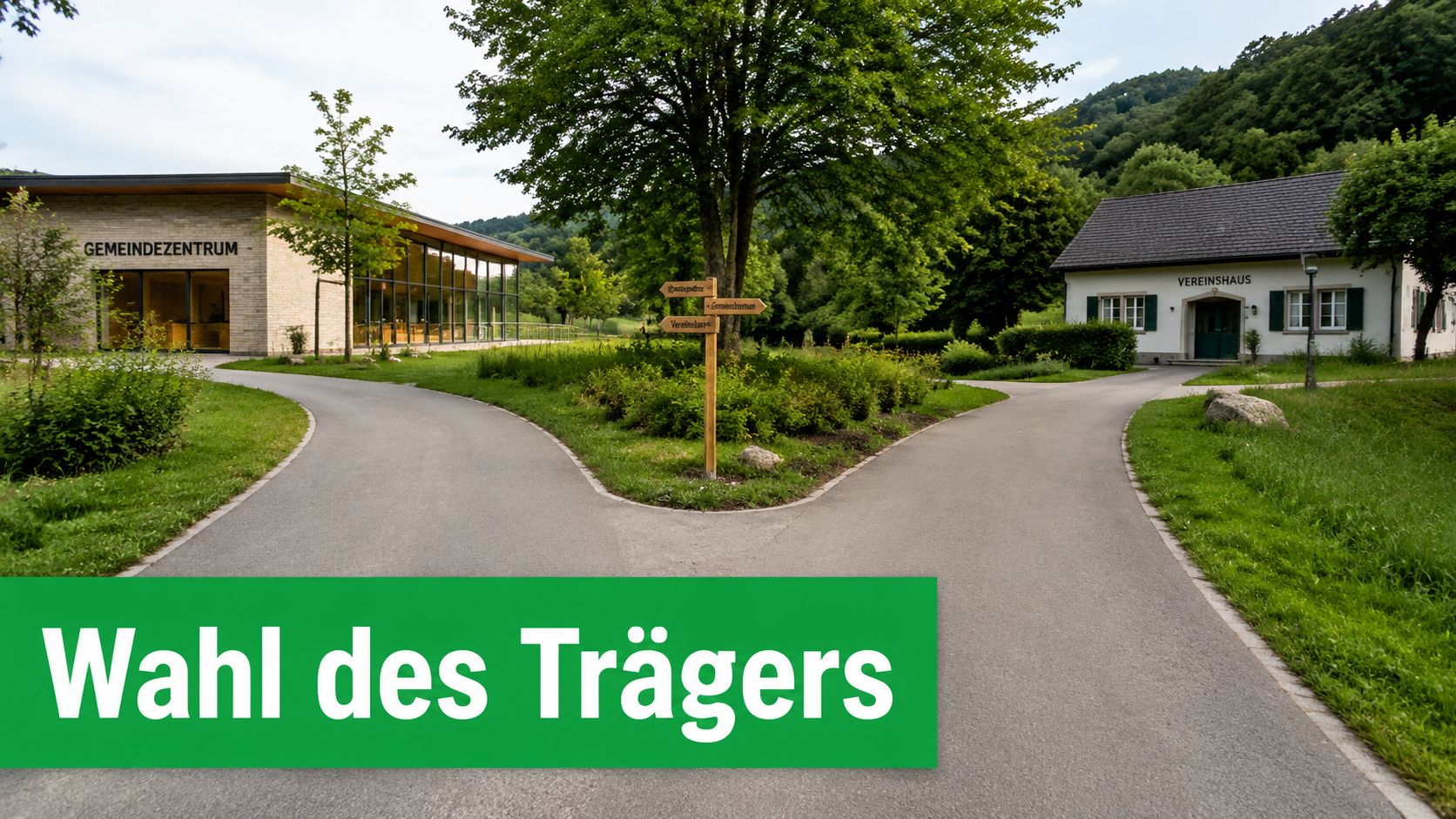 Ein Weggabelung führt zu einem modernen Gemeindezentrum und einem traditionellen Vereinshaus in einer ländlichen, grünen Umgebung.
