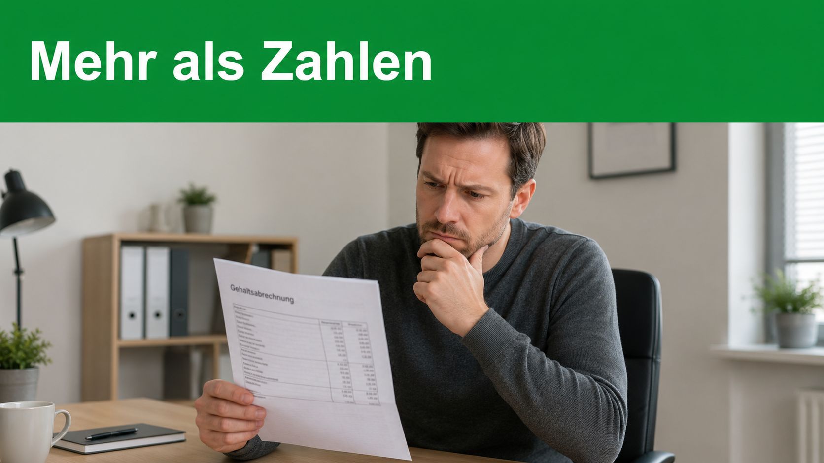 Ein besorgter Mann sitzt an seinem Schreibtisch und studiert aufmerksam seine detaillierte Gehaltsabrechnung in einem hellen Büro.