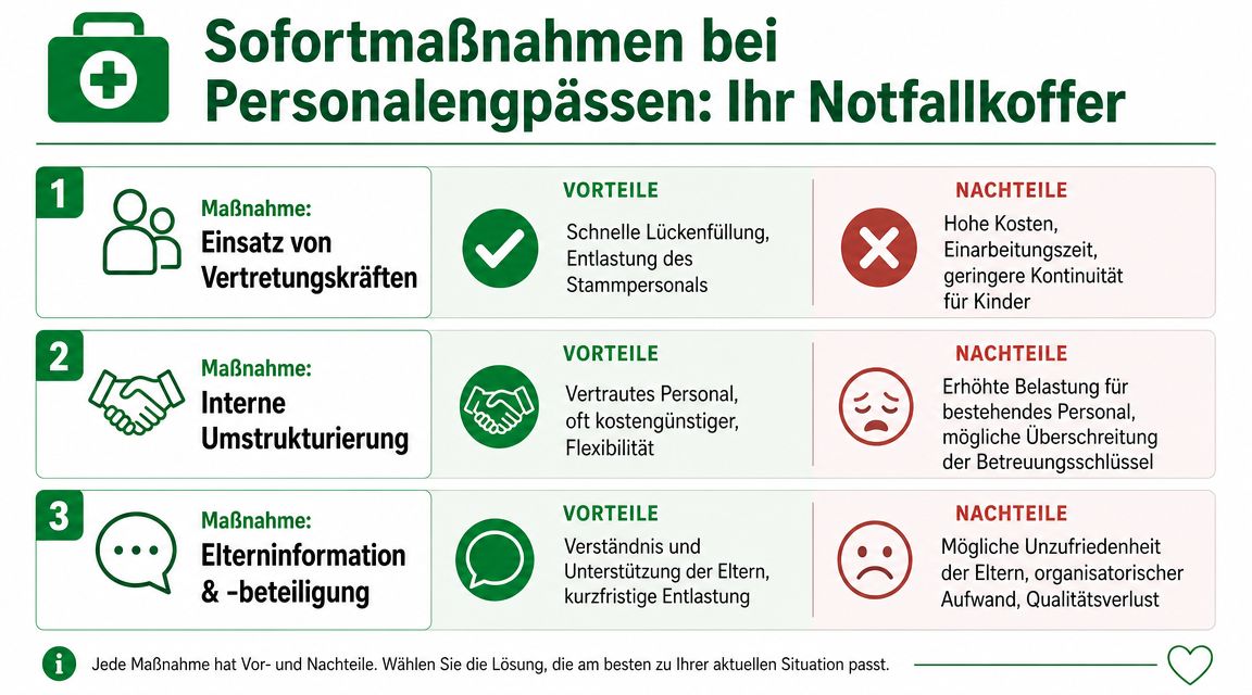 Infografik zeigt drei Sofortmaßnahmen bei Personalmangel in Kitas mit jeweiligen Vor- und Nachteilen für die Leitung.