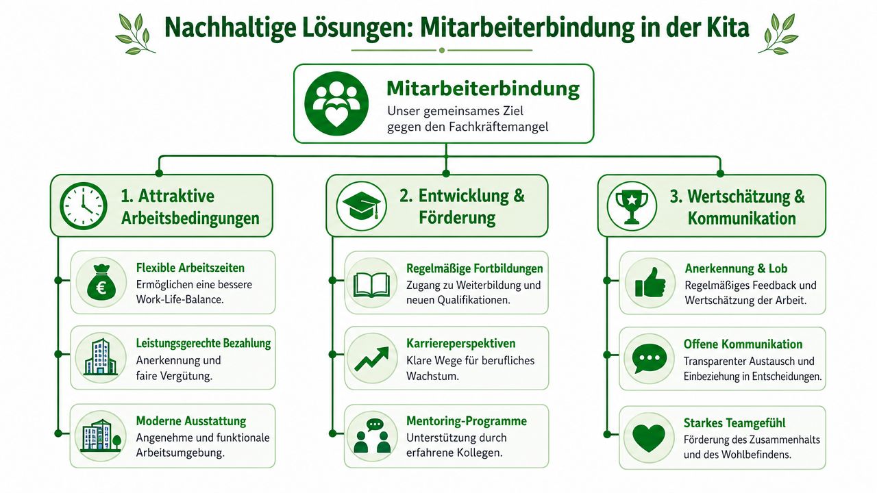 Übersichtsgrafik zu nachhaltigen Lösungen für Mitarbeiterbindung in Kindertagesstätten zur Bekämpfung des bestehenden Fachkräftemangels im Kita-Bereich.