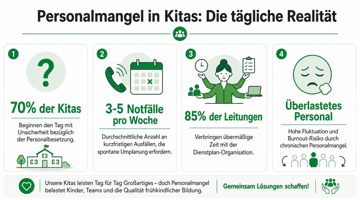 Eine Infografik verdeutlicht die Auswirkungen des Personalmangels in Kindertagesstätten mit Statistiken und täglichen Herausforderungen für das Personal.