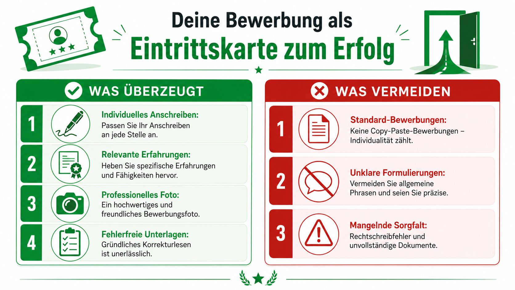 Eine Infografik mit Tipps für erfolgreiche Bewerbungen, unterteilt in zu beachtende Punkte und zu vermeidende Fehler.