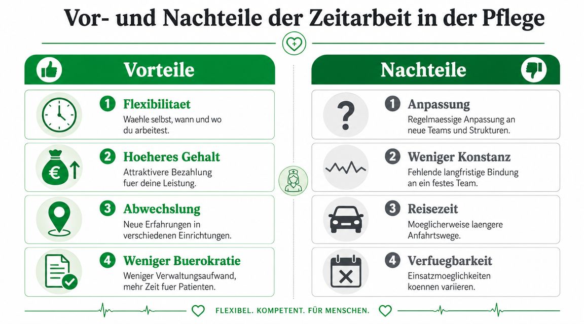 Infografik mit Vor- und Nachteilen der Zeitarbeit in der Pflege, dargestellt durch vier klare Punkte pro Seite.
