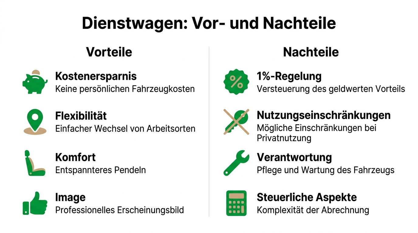 Eine Infografik mit den Vor- und Nachteilen eines Dienstwagens für Mitarbeiter, übersichtlich in zwei Spalten dargestellt.