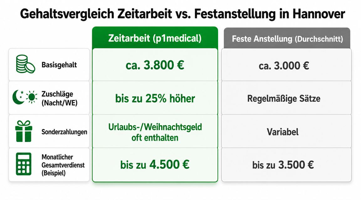 Grafischer Gehaltsvergleich zwischen Zeitarbeit bei p1medical und durchschnittlicher Festanstellung in Hannover mit verschiedenen Vergütungskomponenten.