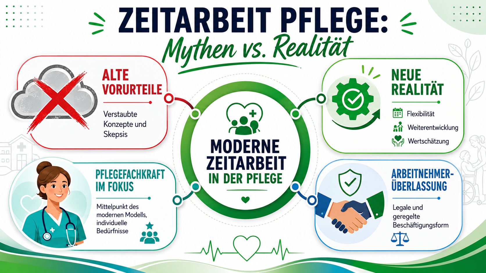 Eine Infografik über Mythen und Realität der Zeitarbeit in der Pflege mit Fokus auf modernes Arbeitsmanagement.
