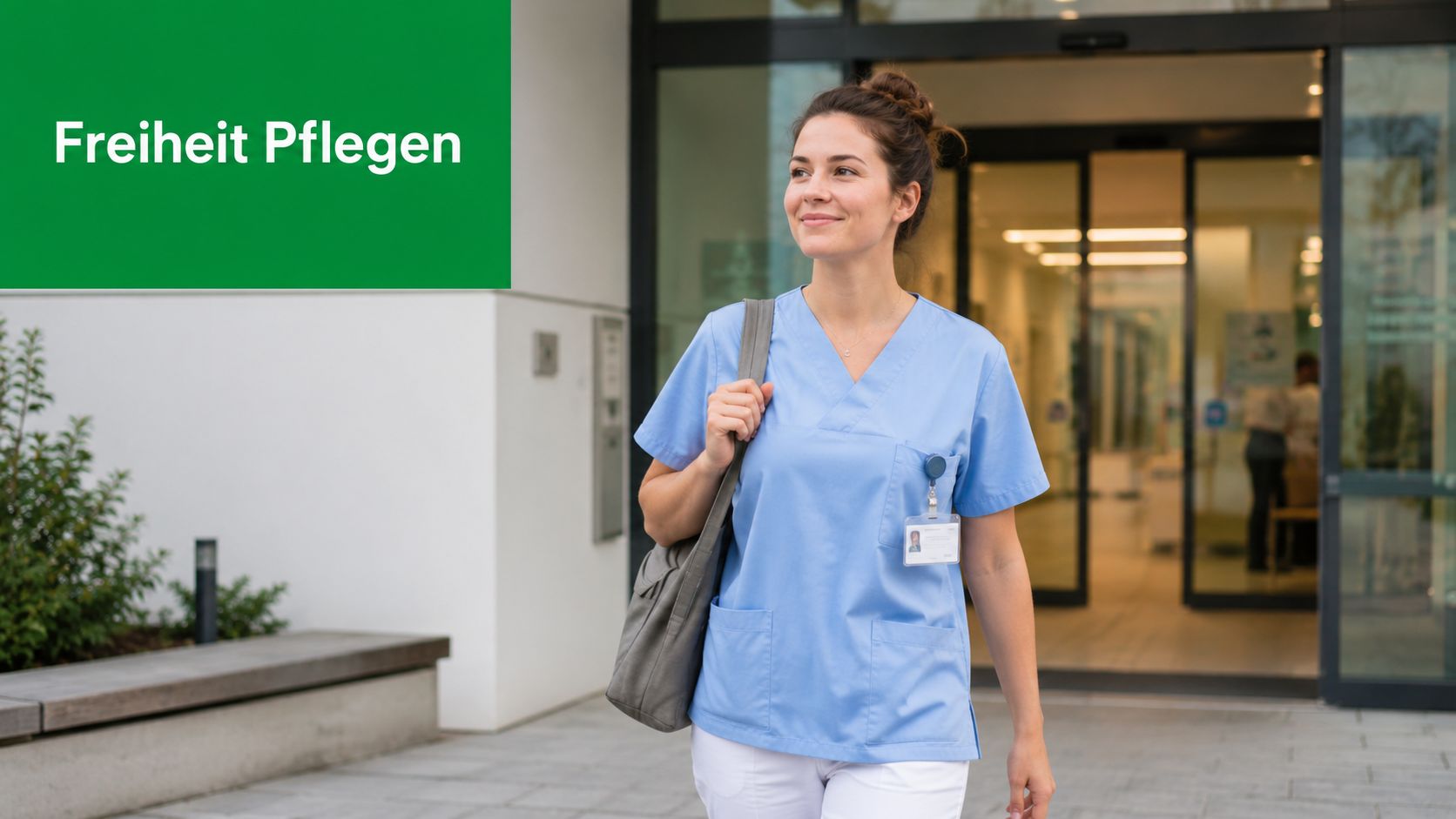 Eine lächelnde Pflegekraft in blauer Arbeitskleidung verlässt mit einer Tasche ein modernes Krankenhausgebäude.