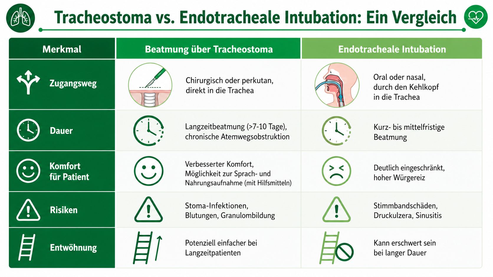 Vergleichstabelle zwischen Tracheostoma und endotrachealer Intubation hinsichtlich Zugangsweg, Dauer, Patientenkomfort, Risiken und Entwöhnung von der Beatmung.