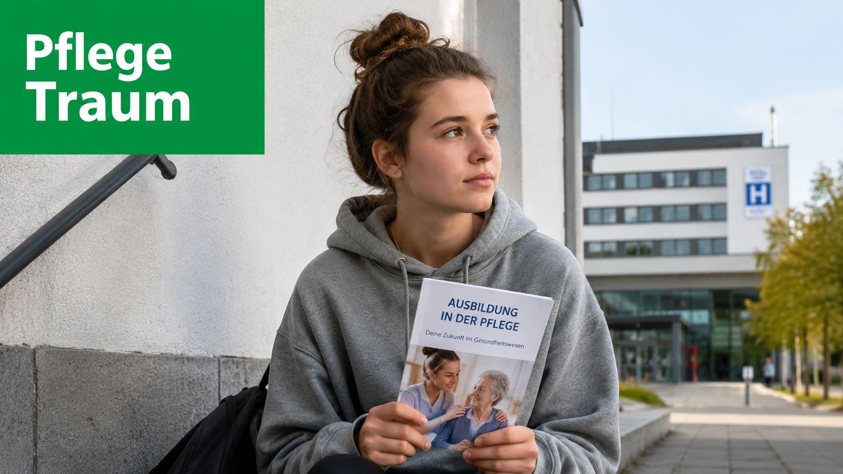 Eine junge Frau sitzt vor einem Krankenhaus und hält eine Broschüre über die Ausbildung in der Pflege.