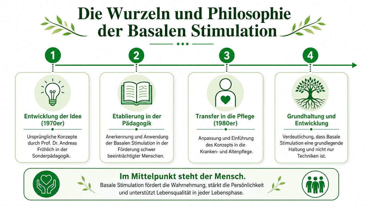 Infografik zur historischen Entwicklung und philosophischen Grundhaltung der Basalen Stimulation für Pflege und Pädagogik.